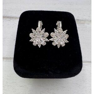 Vintage TJG Clip On Earrings Clear Rhinestone Floral Silver Tone